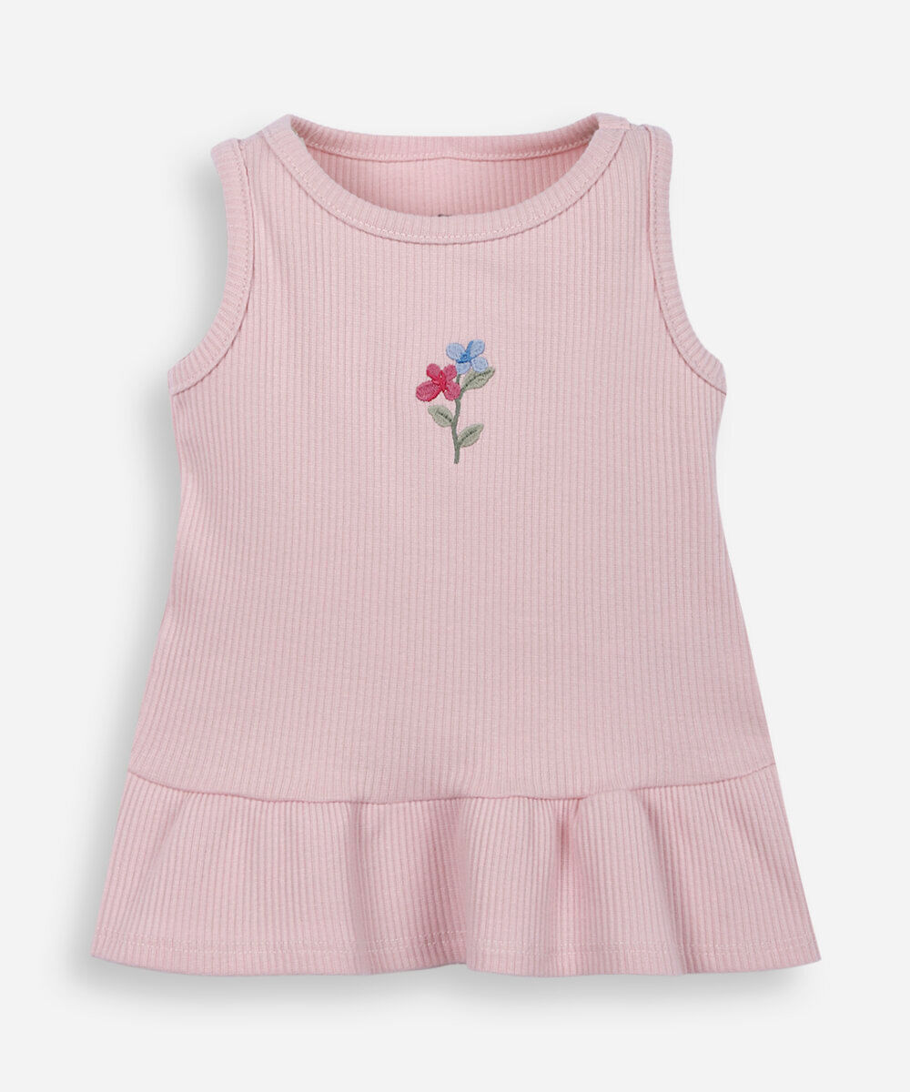 regata infantil de algodão com babado e bordado canelada rosa