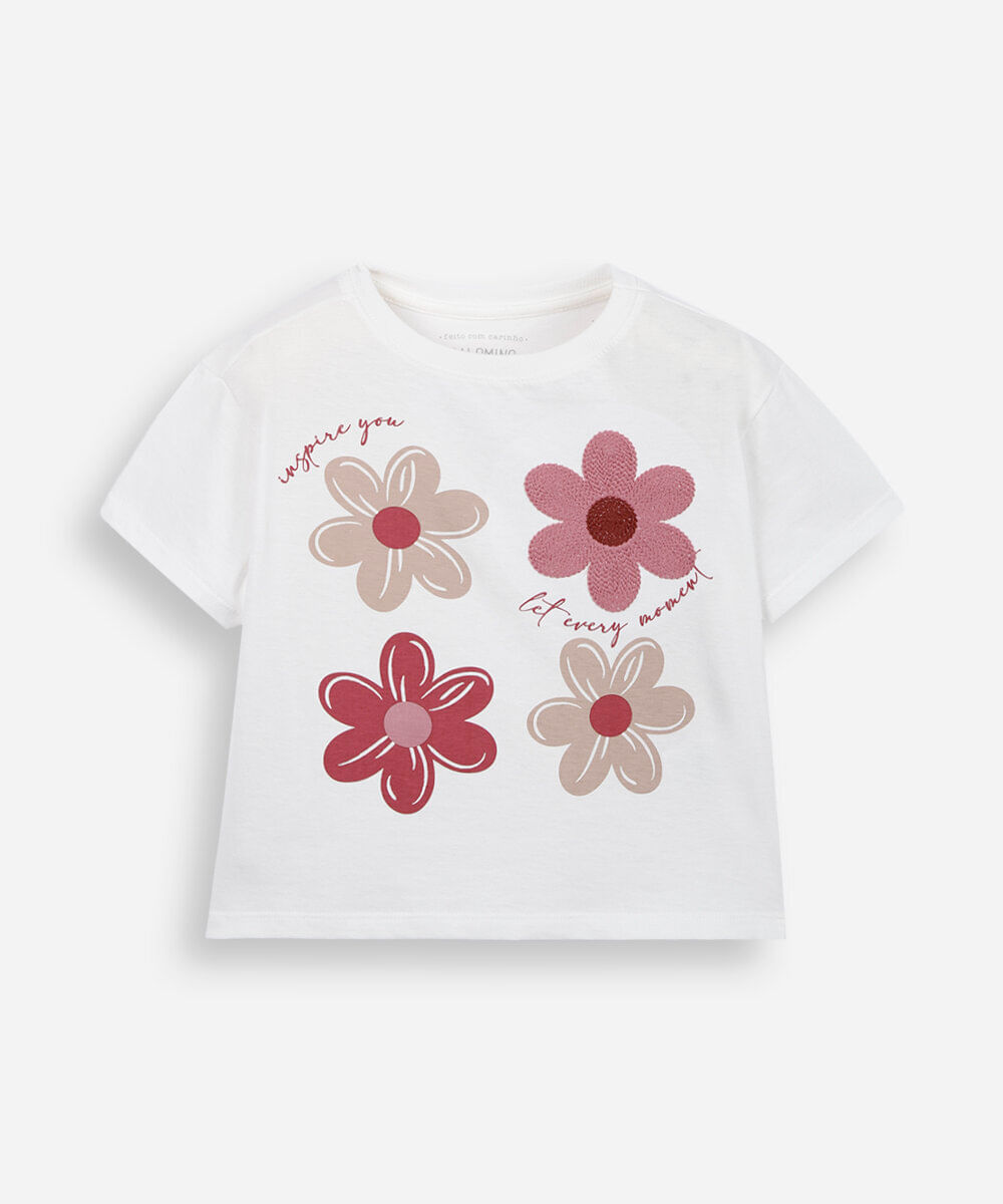 blusa infantil de algodão com bordado floral off white