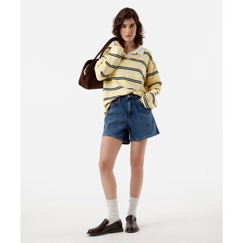 short feminino jeans cintura alta azul