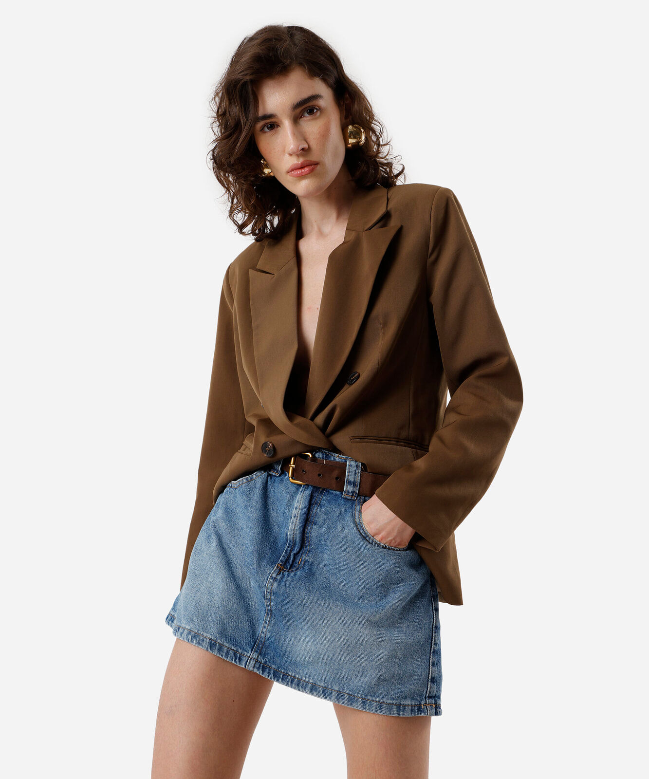 Vista 2 short saia feminino jeans cintura alta azul C&A Jeans Medio C&A Jeans Medio