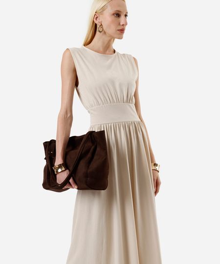 vestido midi feminino de algodão decote redondo bege M vestido midi feminino de algodão decote redondo bege M