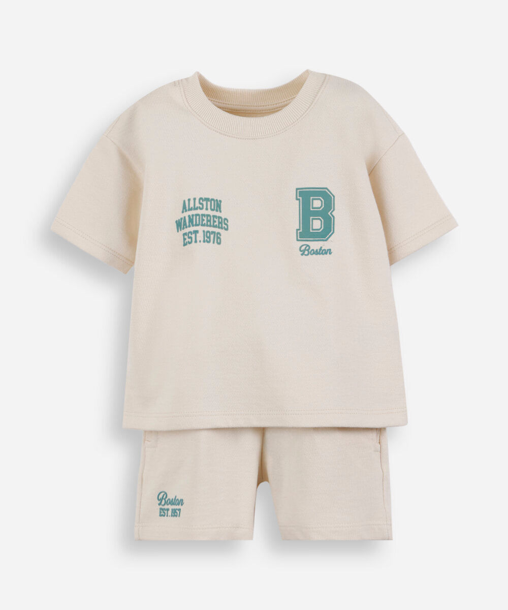 conjunto curto infantil de algodão estampado bege