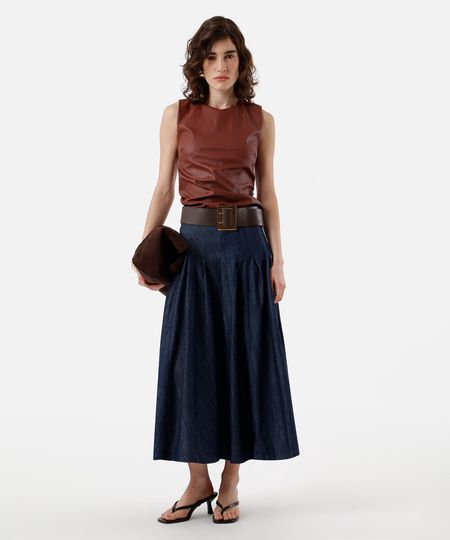 saia midi feminina jeans com pregas azul 46 saia midi feminina jeans com pregas azul 46