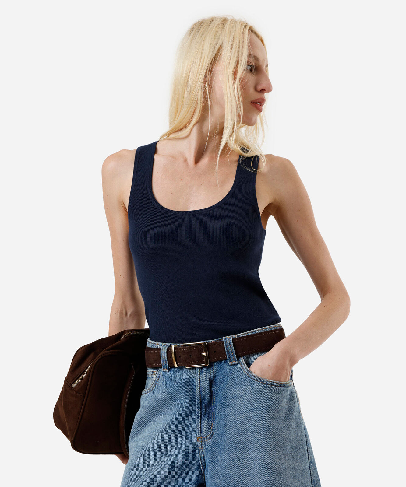 regata de tricot feminina texturizada azul