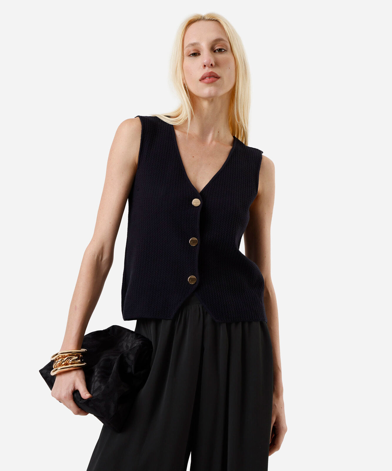 colete feminino de tricot decote v azul