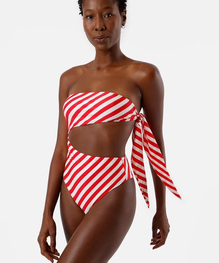 maiô feminino sem alças com amarração listras diagonais  vermelho M