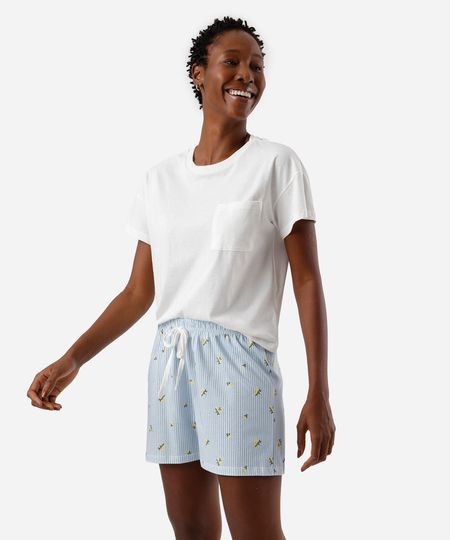 pijama short doll feminino de algodão listra limão siciliano azul M pijama short doll feminino de algodão listra limão siciliano azul M