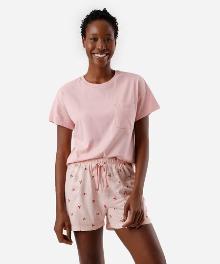 pijama short doll feminino de algodão listra cereja rosa G pijama short doll feminino de algodão listra cereja rosa G