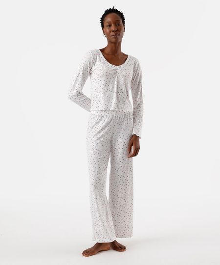 pijama feminino longo com estampa de coração off white P pijama feminino longo com estampa de coração off white P