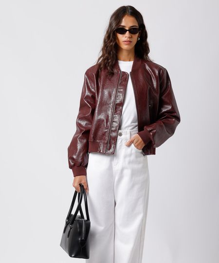 jaqueta bomber feminina de poliuretano mindset vinho GG jaqueta bomber feminina de poliuretano mindset vinho GG