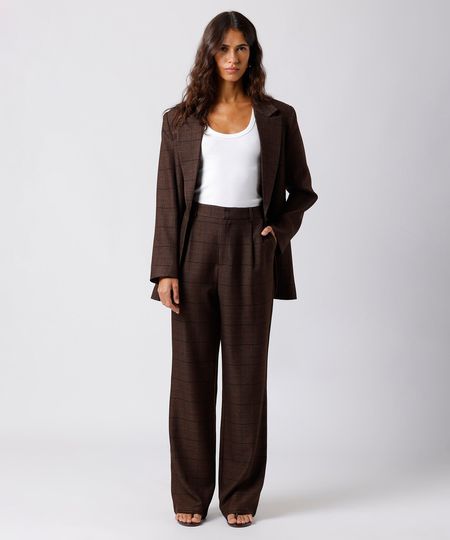 calça de alfaiataria feminina xadrez mindset marrom 46