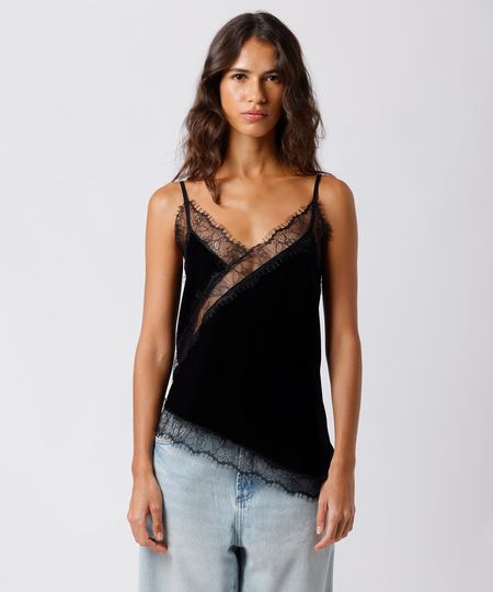 regata de pijama feminina alça fina com renda acetinada mindset preto G