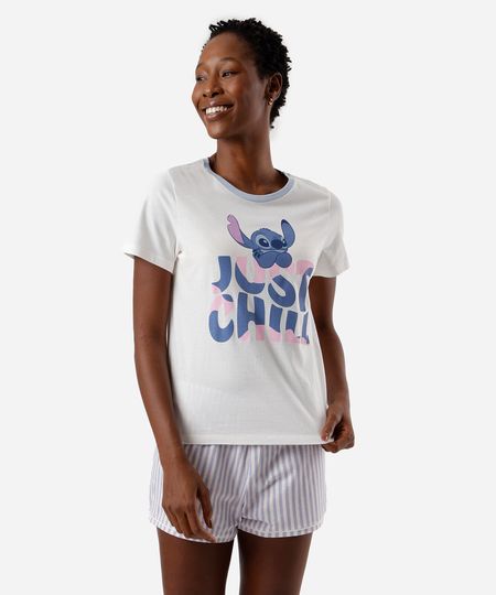 pijama short doll feminino de algodão listra stitch azul P