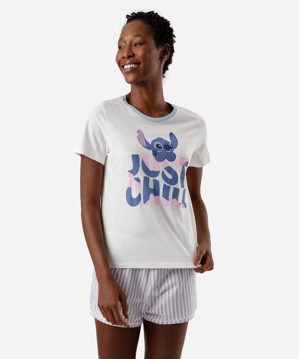 pijama short doll feminino de algodão listra stitch azul GG