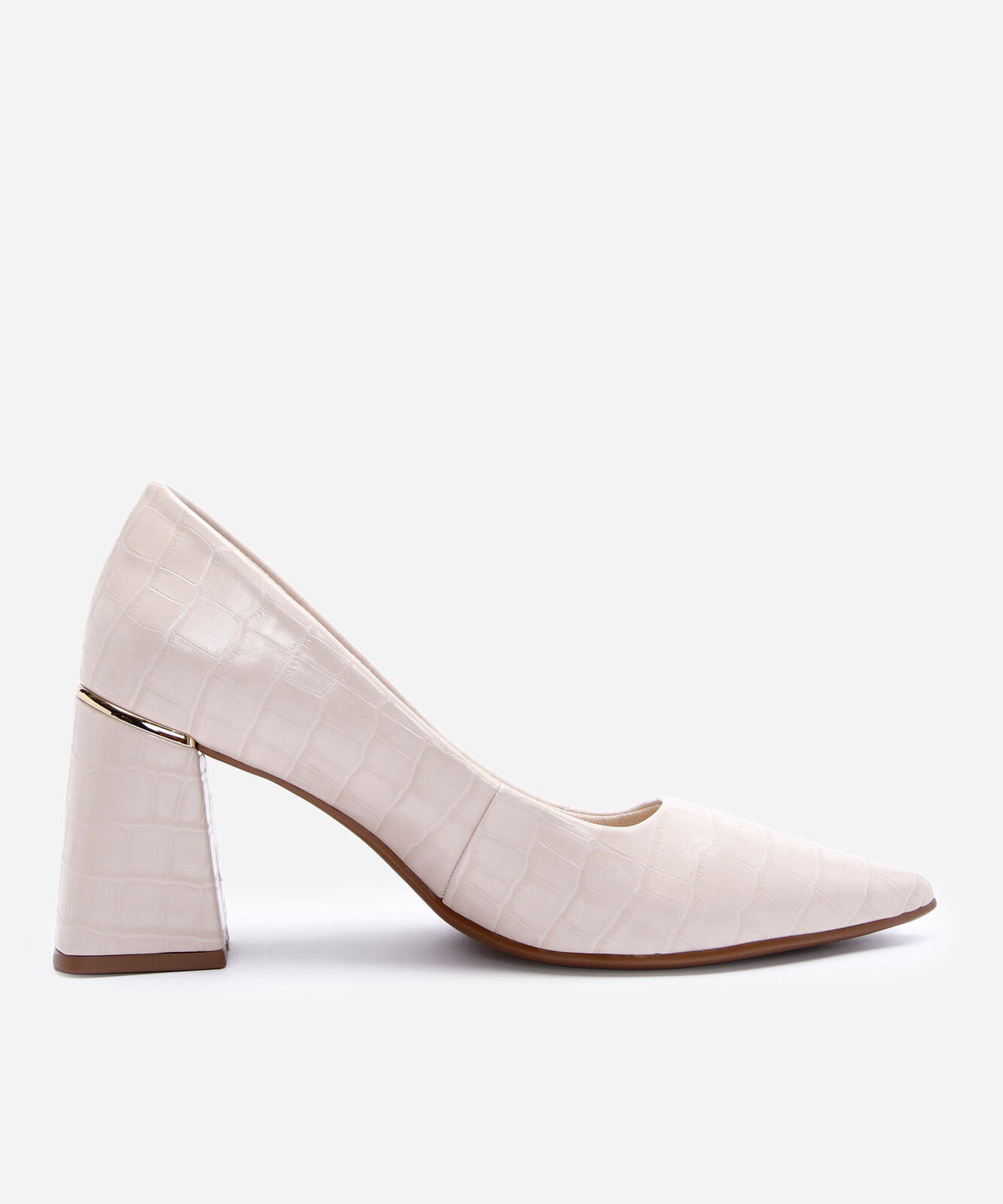 scarpin bico fino salto grosso croco bebecê bege