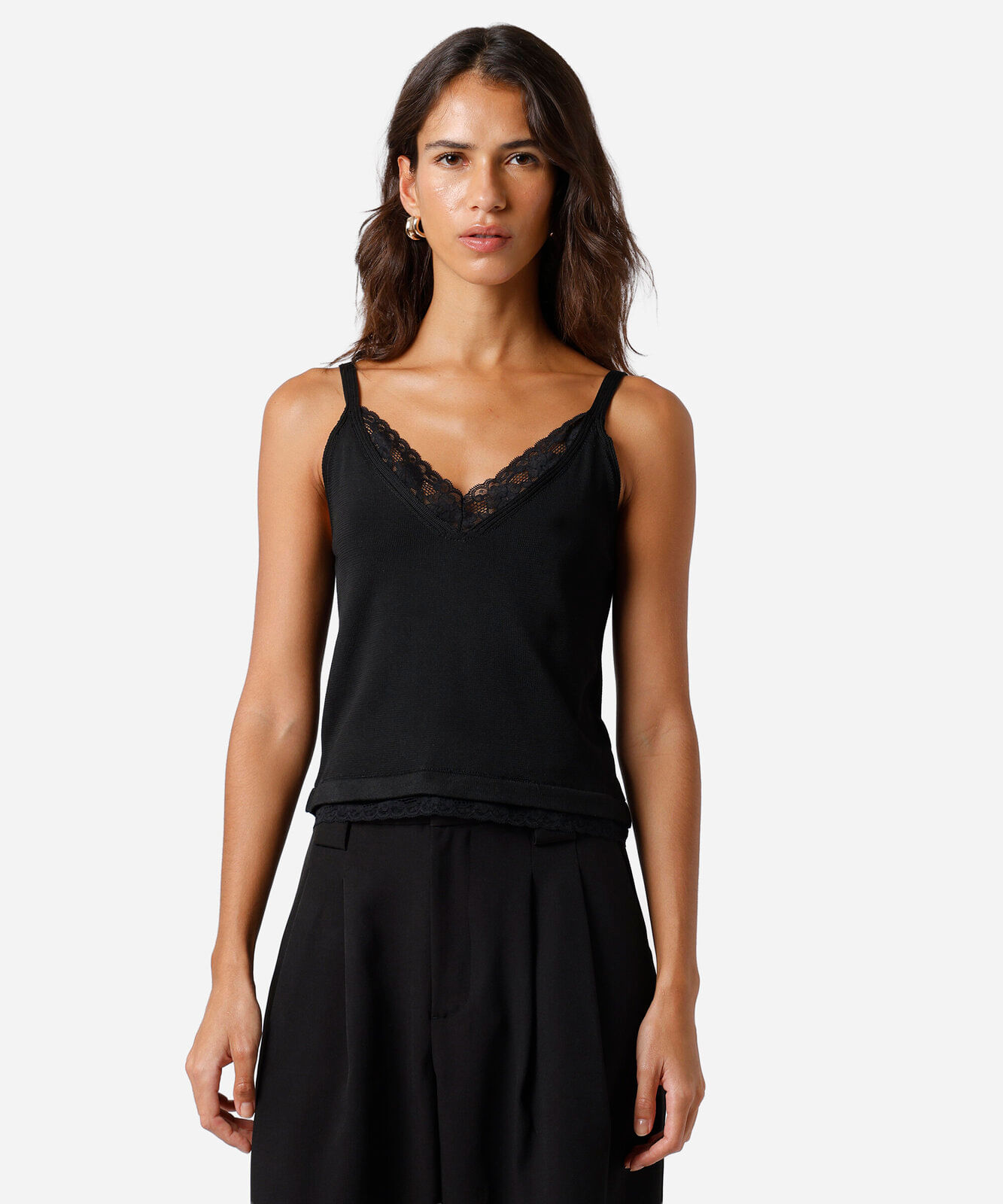 regata alça fina feminina de tricot com renda mindset preta