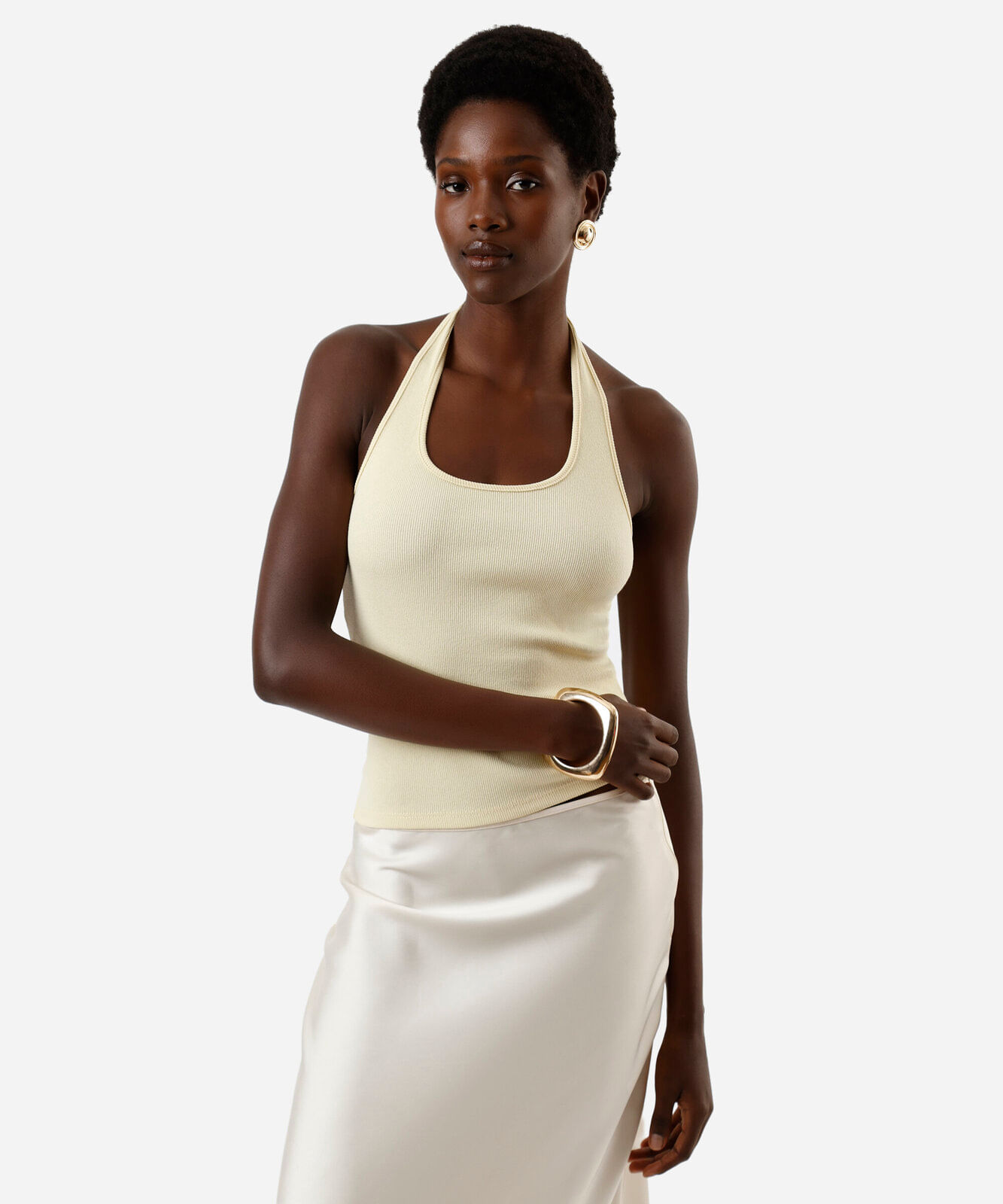 blusa frente única feminina decote u canelada amarela