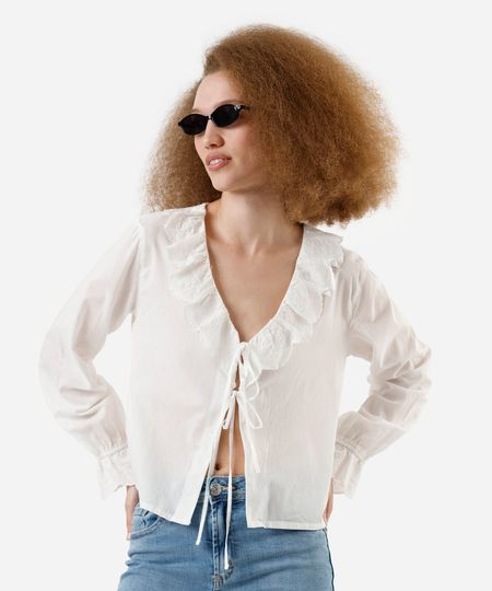 blusa feminina com babado de laise off white P