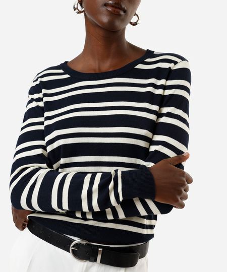 suéter feminino gola careca listrado azul P suéter feminino gola careca listrado azul P