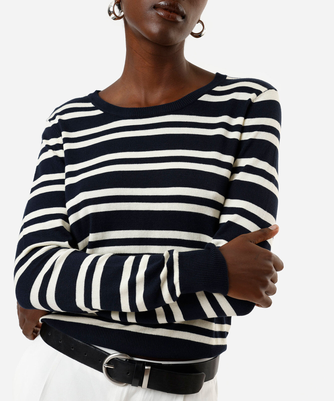 suéter feminino gola careca listrado azul
