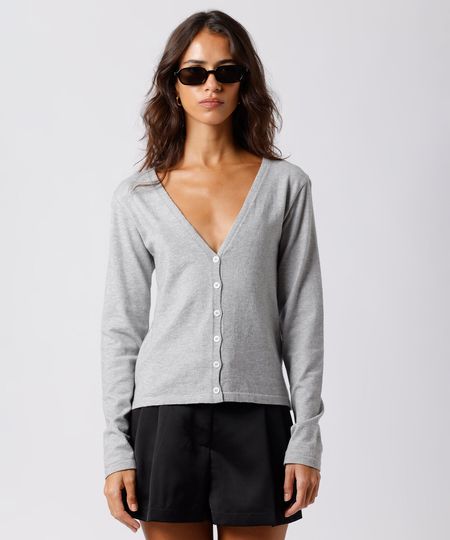 cardigan feminino de tricot decote v mindset cinza M