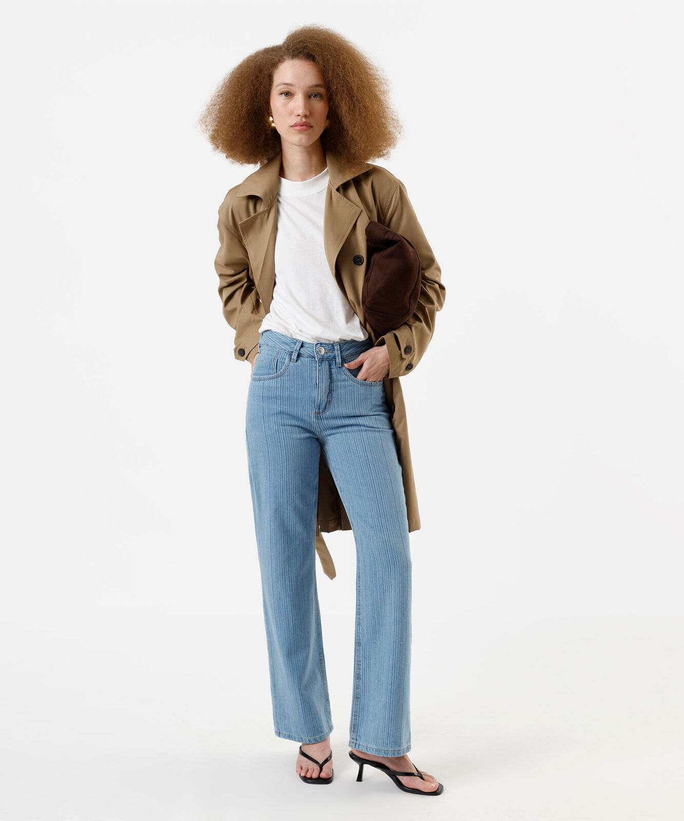 calça feminina jeans wide leg slim cintura média listrada azul