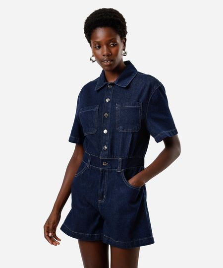 macaquinho feminino jeans manga curta azul M macaquinho feminino jeans manga curta azul M