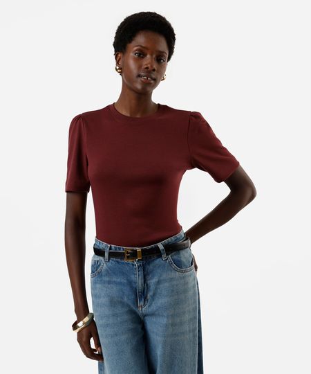 camiseta feminina de algodão peruano manga bufante vinho M