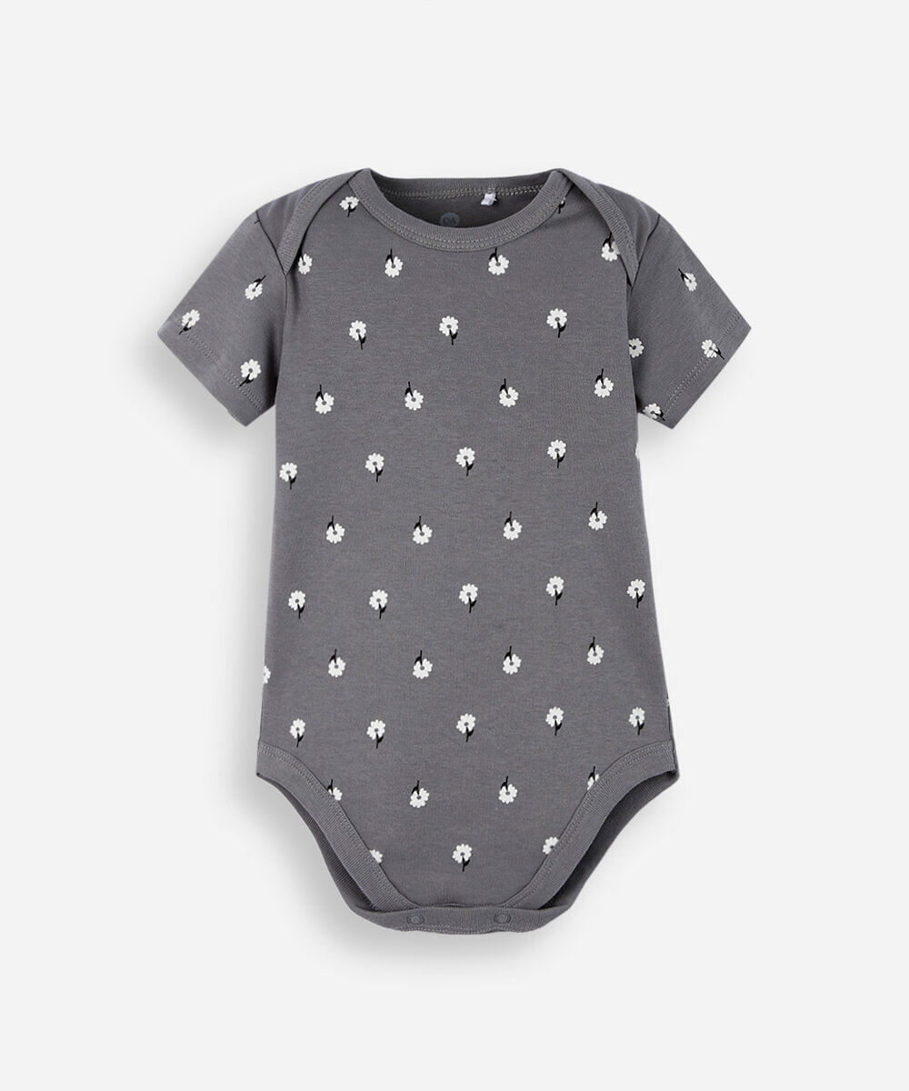 body infantil de algodão florzinha cinza