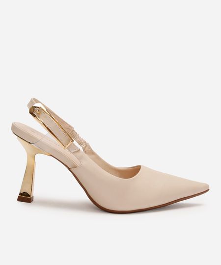 scarpin bico fino salto alto metalizado oneself bege 37