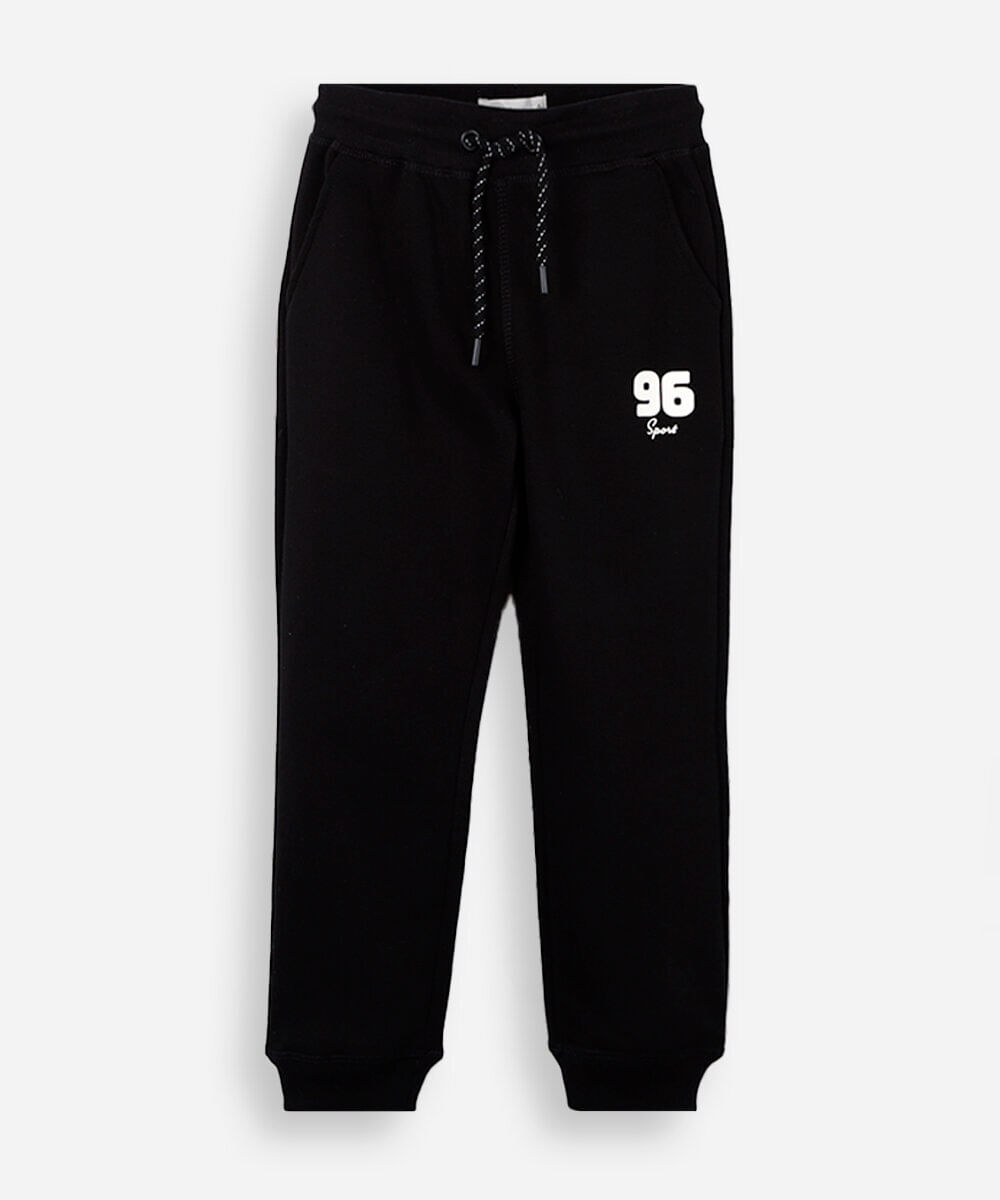 calça jogger infantil de moletom estampada preta