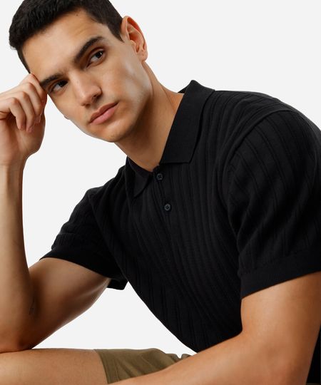 polo masculina de tricot canelada preta G polo masculina de tricot canelada preta G