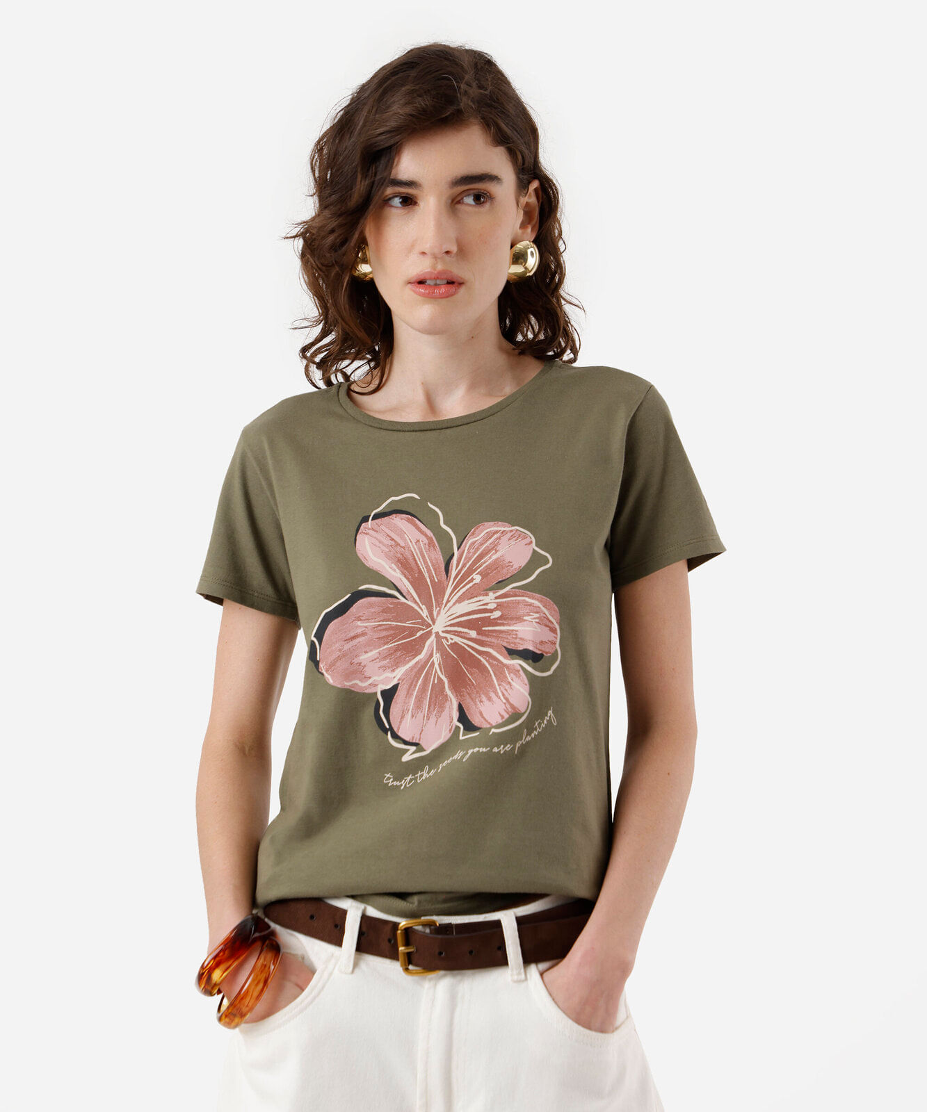camiseta feminina de algodão floral verde