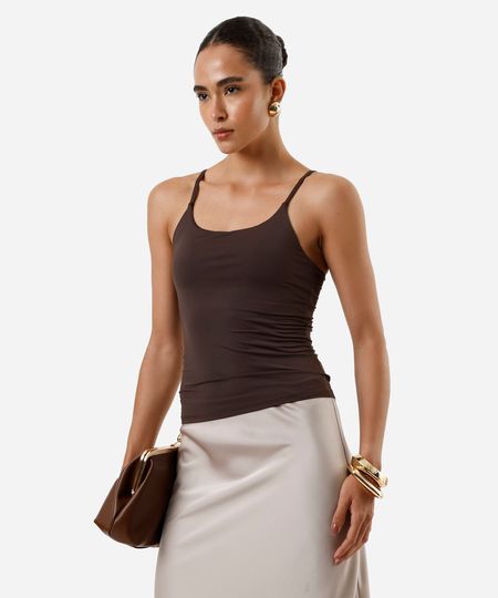 regata básica feminina de poliamida com bojos removíveis marrom P