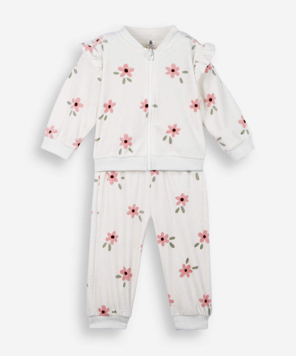 conjunto longo infantil de plush floral bege
