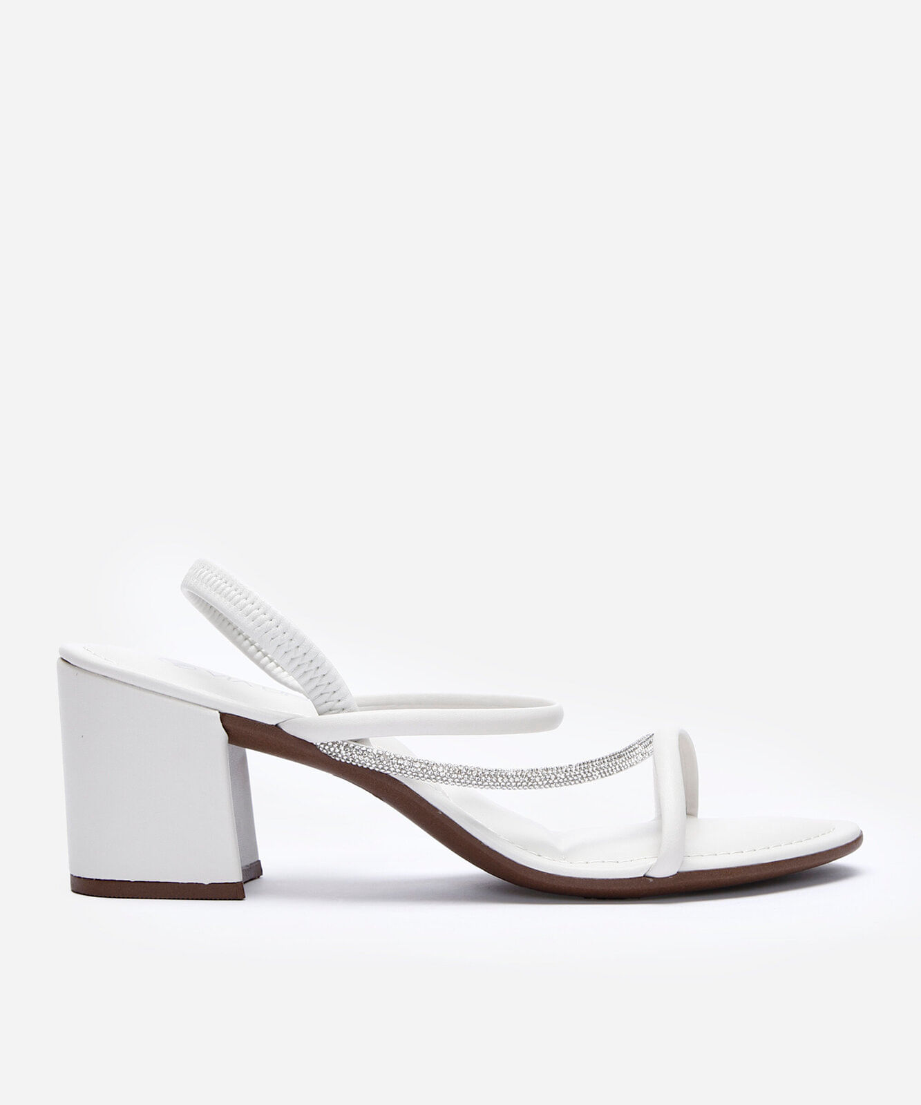 sandália tiras finas salto grosso com brilhos via uno off white