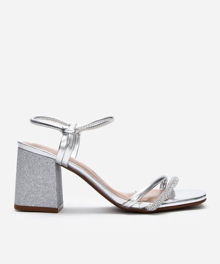 sandália salto grosso com brilhos beira rio prateada 35