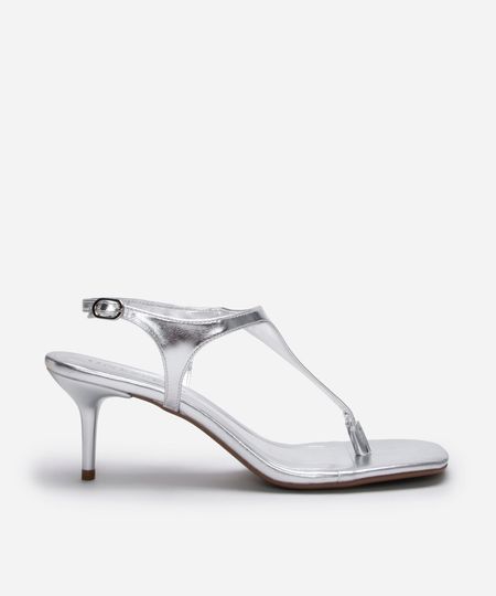 sandália bico quadrado salto fino texturizada oneself prateado 38