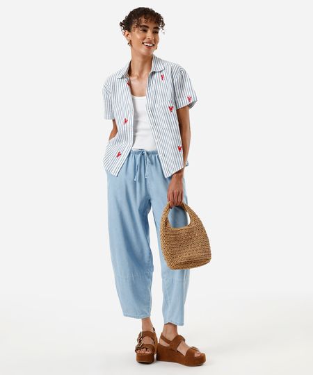 calça barrel feminina jeans cós elástico azul P