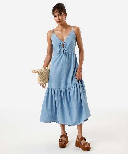 vestido midi alça fina feminino jeans com recorte azul P vestido midi alça fina feminino jeans com recorte azul P
