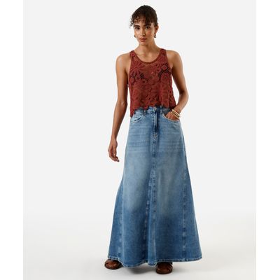 saia evasê feminina de algodão com bolsos azul