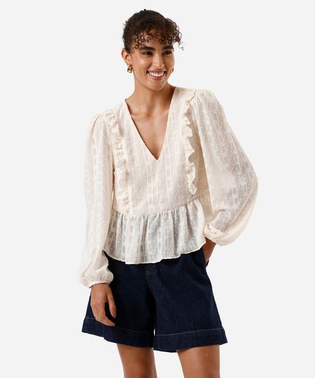 bata feminina com babados texturizada bege GG