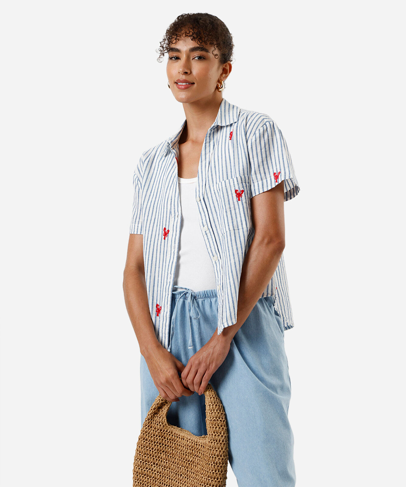 camisa feminina de algodão bordada listrada off white