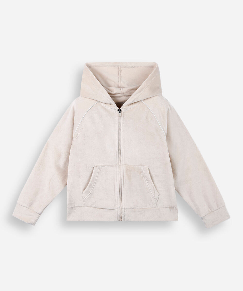 jaqueta de plush infantil com capuz e bolso bege