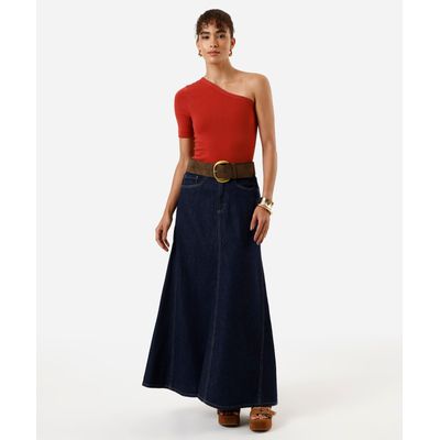 saia evasê feminina de algodão com bolsos azul