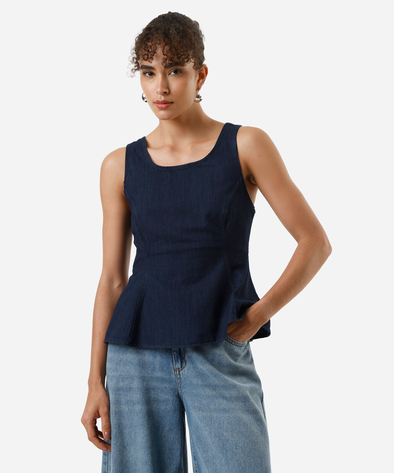 blusa peplum feminina jeans azul