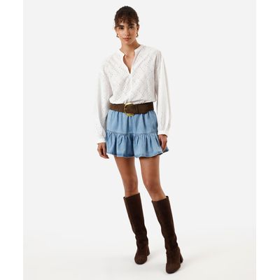minissaia jeans feminina franzidos azul