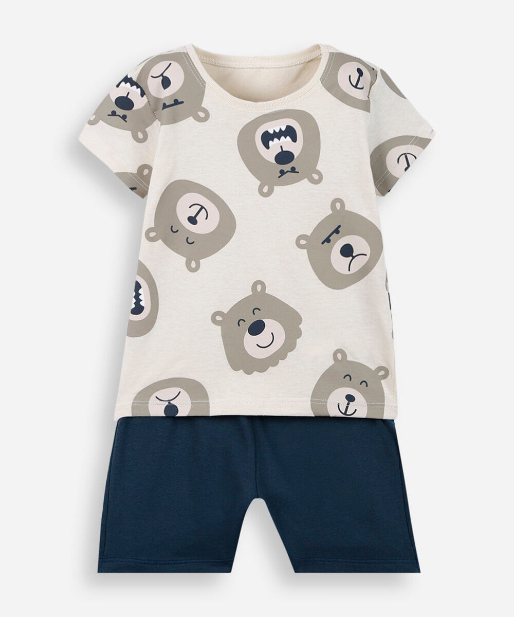 conjunto curto infantil de algodão ursinho bege