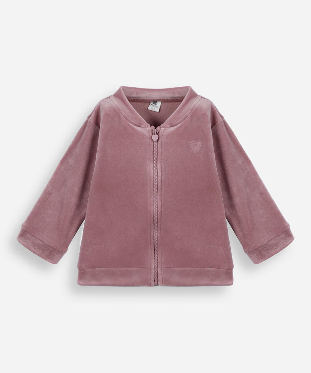 jaqueta infantil de plush com bordado rosa