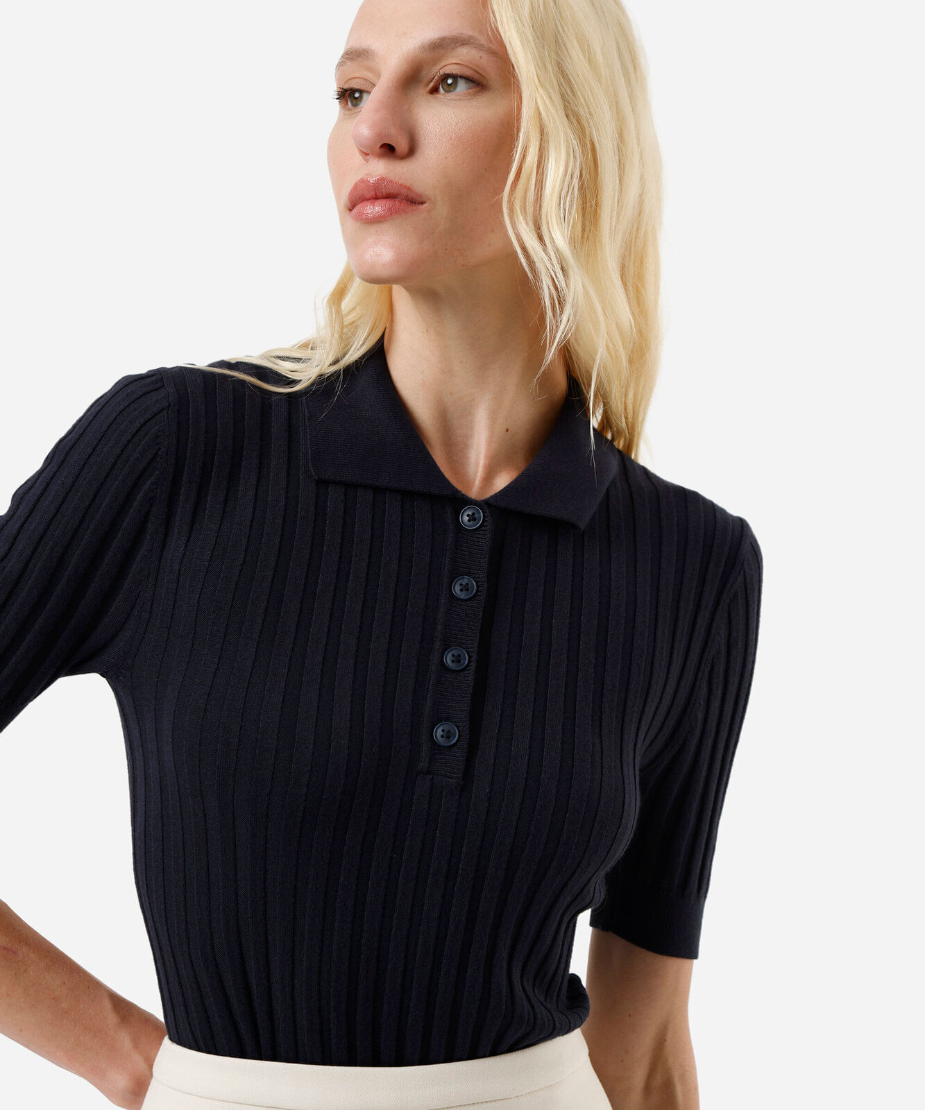 polo feminina de tricot canelada azul